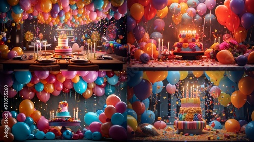 A vibrant birthday setup with colorful balloons, a decadent cake, and festive decorations, ready to create lasting memories of a joyous celebration