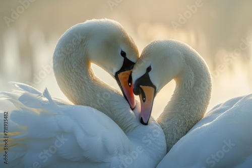 Fototapeta Naklejka Na Ścianę i Meble -  Serene embrace: two swans in love, a graceful display of adoration and unity in the swanst's affectionate bond, a symbol of tranquility and everlasting companionship in the natural world.