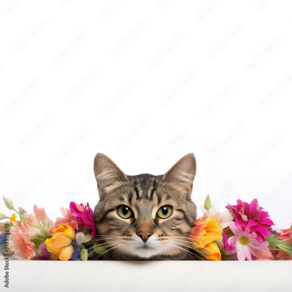 A cat with flowers peeks out behind a white board. Spring advertising banner layout for a veterinary clinic or pet store. A cat with flowers peeks out behind a white board. Spring advertising banner layout for a veterinary clinic or pet store.