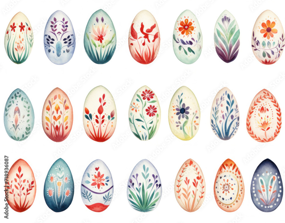 Seamless pattern of Easter eggs decorated with flowers on a white background.