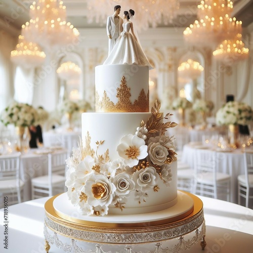 a only Luxury weddingcake on the white table photo