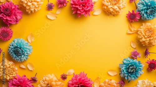 Flat lay top view frame of multicolour flowers  isolated on a yellow background for Valentine s Day  International Women s Day  Mother s Day card or background  or a wedding invitation