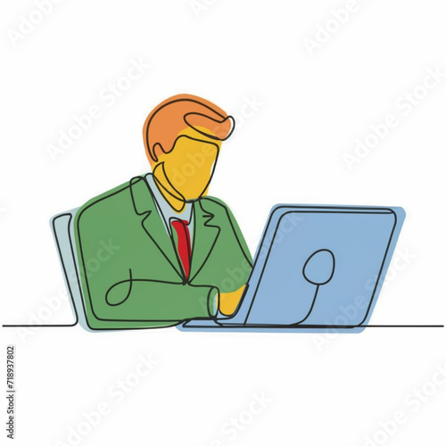 Man Working On Laptop continues line vector design photo