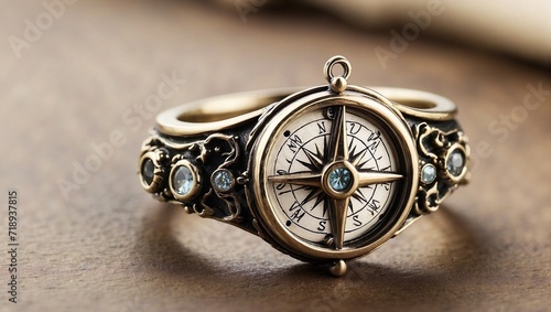 A nautical-themed ring with a compass design and a tiny, moving needle, for the sea lover Generative AI
