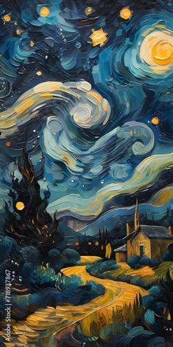 A starry night landscape reminiscent of Van Gogh, with swirling brushstrokes and vivid hues. AI Generated 