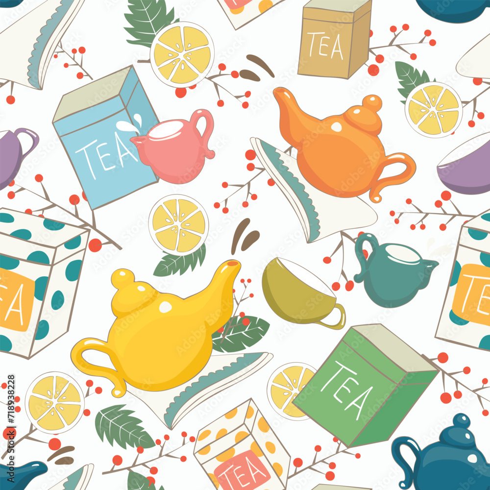 А set of beautiful, traditional, multi-colored tea ware as seamless pattern on white background. Vector illustration