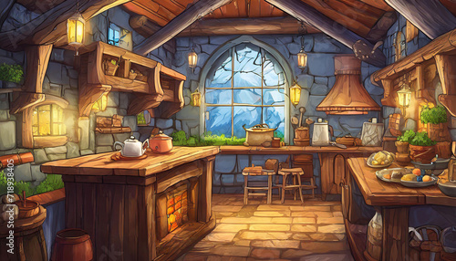 Kitchen of a private house in a fantasy game