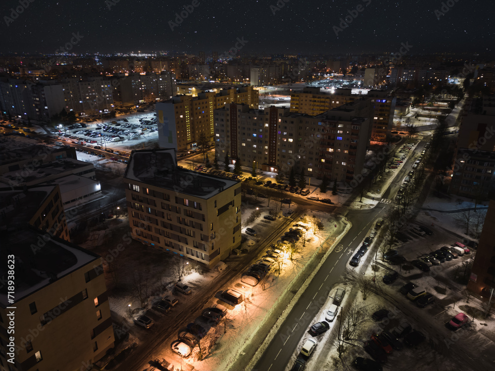 Night city of Tallinn, part of the city of Lasnamae, Priisle district. Drone photo. Night city of Tallinn, part of the city of Lasnamae, Priisle district. Drone photo.