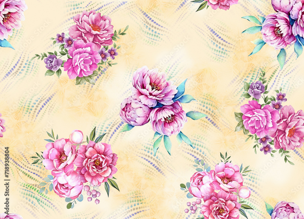 seamless classic pattern with watercolor flowers and leaves. botanical watercolor illustration and background