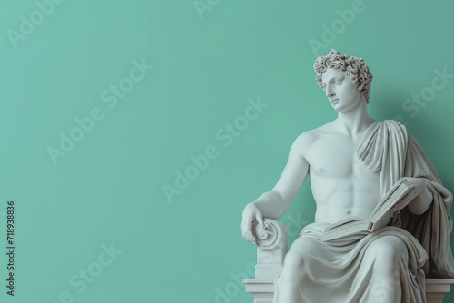 An ancient Greek statue reading a book, white marble greek statue. whimsicle greek statue in accessibility and Inclusion in Everyday Life concept.