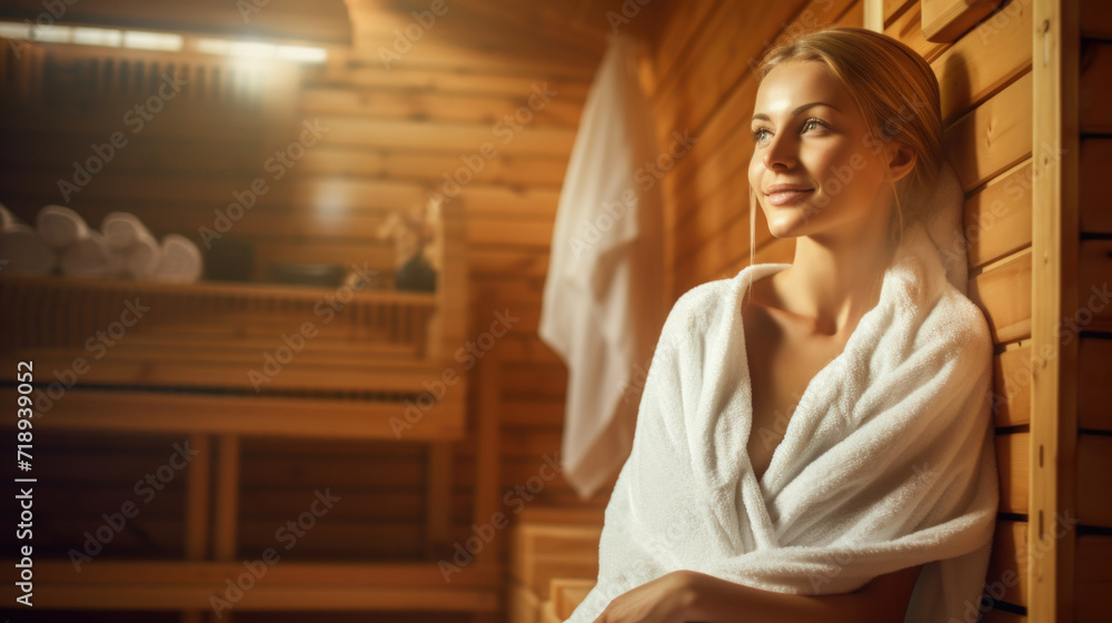 Woman sitting relaxed in a wooden sauna Woman sitting relaxed in a wooden sauna