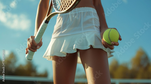 Young female tennis player in skirt. 