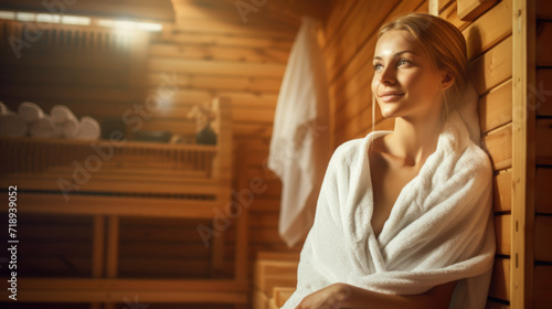 Woman sitting relaxed in a wooden sauna photo