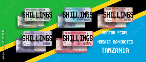 Vector set of pixel mosaic banknotes of Tanzania. Collection of notes in denominations of 500, 1000, 2000, 5000 and 10000 shillings. Obverse and reverse. Play money or flyers.