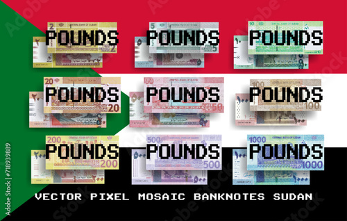Vector set of pixel mosaic banknotes of Sudan. Collection of notes in denominations of 2, 5, 10, 20, 50, 100, 200, 500 and 1000 pounds. Obverse and reverse. Play money or flyer.