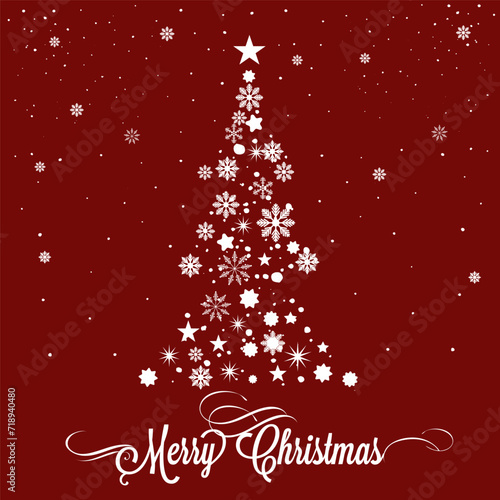 Merry Christmas vector card with tree from white snowflakes on red background