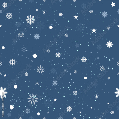 Vector winter pattern snowfall falling snowflakes on dark blue background