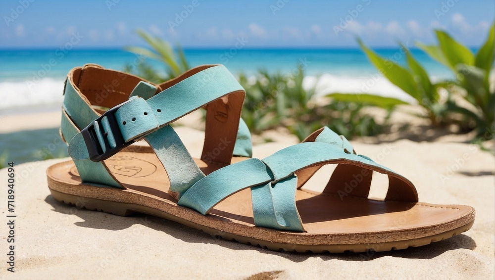 Naklejka premium Eco-friendly sandals made from recycled materials, designed for a beach clean-up day Generative AI