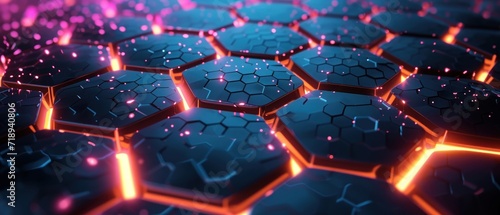 abstract futuristic background with Cybernetic Hexagon, Hexagonal shapes interconnected with glowing edges. Futuristic backdrop