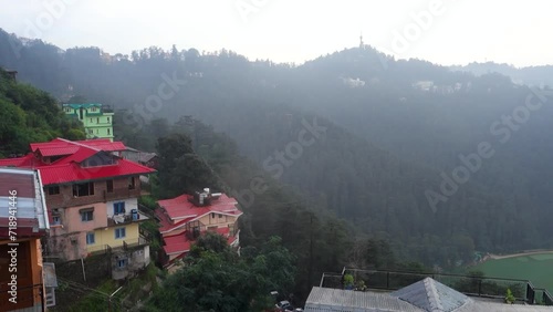 Aerial Panoramic View: Indira Gandhi Sports Stadium in Shimla, surrounded by breathtaking mountains and landscapes, Himachal Pradesh, India photo