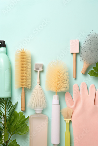 Cleaning products style border design with brushes  gloves and soap on light blue background. Hygiene and housework on surface with space to place text.