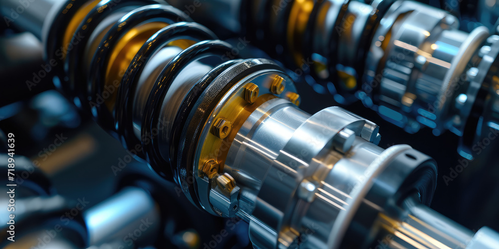 Close-Up of Car Suspension System. Close-up view of a car shock absorber and spring assembly. Close-Up of Car Suspension System. Close-up view of a car shock absorber and spring assembly.