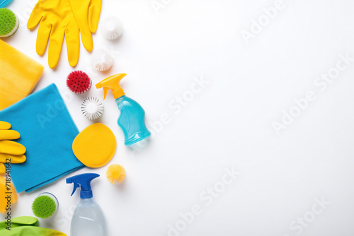 Cleaning products style border design with gloves, ballerinas, air freshener and sponges on white background. Hygiene and housework on surface with space to place text.