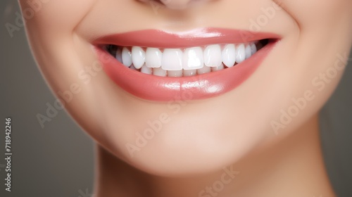 Perfect healthy teeth smile of a young woman at a dentist. Teeth whitening. Dental care, stomatology concept