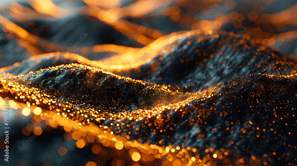 Abstract showcasing waves of a glittering golden texture that mimics a luxurious, dynamic landscape bathed in warm light with sparkling bokeh effects enhancing the sense of depth Abstract showcasing waves of a glittering golden texture that mimics a luxurious, dynamic landscape bathed in warm light with sparkling bokeh effects enhancing the sense of depth