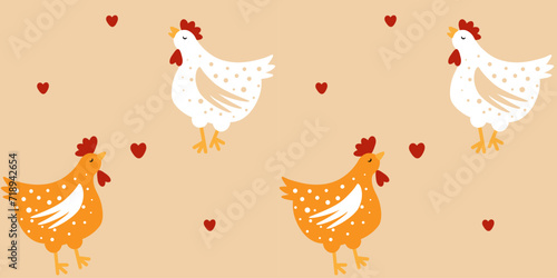 Seamless pattern with cartoon chicken and hearts on beige background