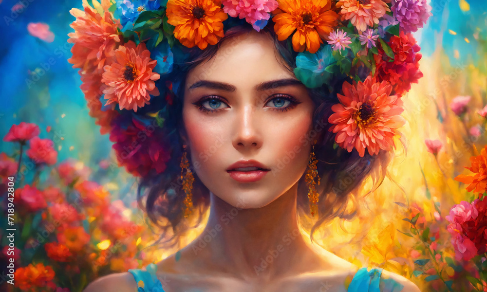 portrait of a woman with flowers on her head 