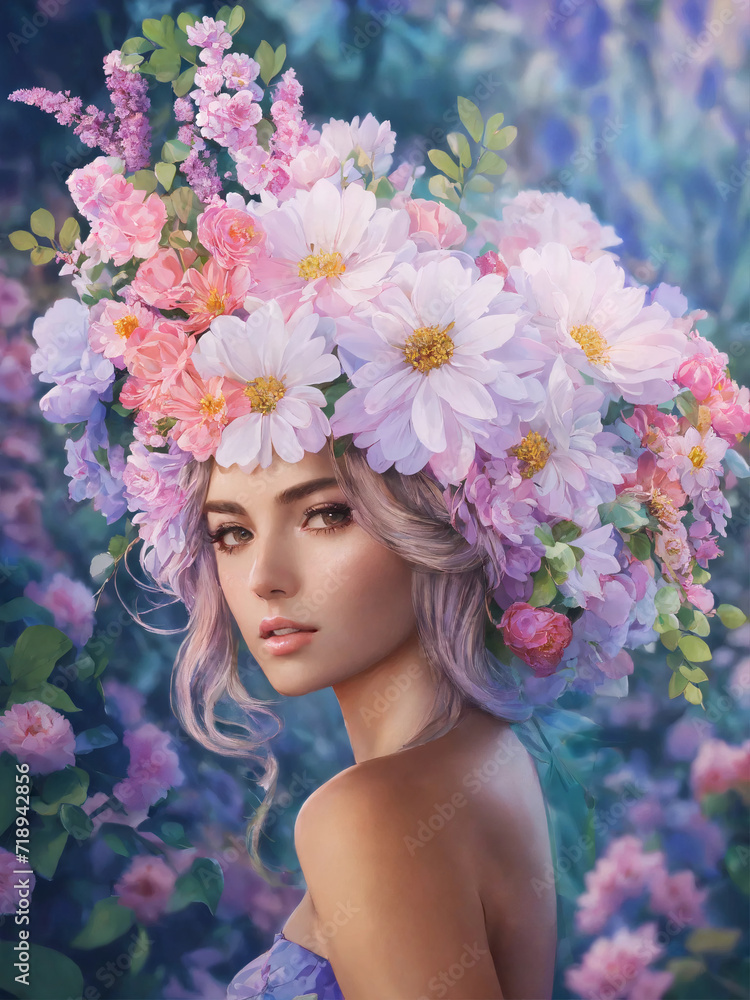 portrait of a woman with flowers on her head portrait of a woman with flowers on her head