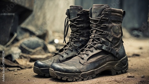 Heavy-duty combat boots for exploring post-apocalyptic landscapes  equipped with survival tools Generative AI