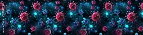 Virology corona virus, covid, flu outbreak background banner panorama long wallpaper illustration, microscopic view of influenza virus cells, lots of abstract 3d viruses texture, seamless pattern photo