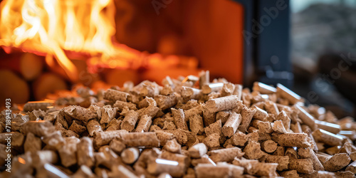 Warm Home Atmosphere with Wood Pellets and Stove. A close-up of wood pellets with a glowing stove in the background.