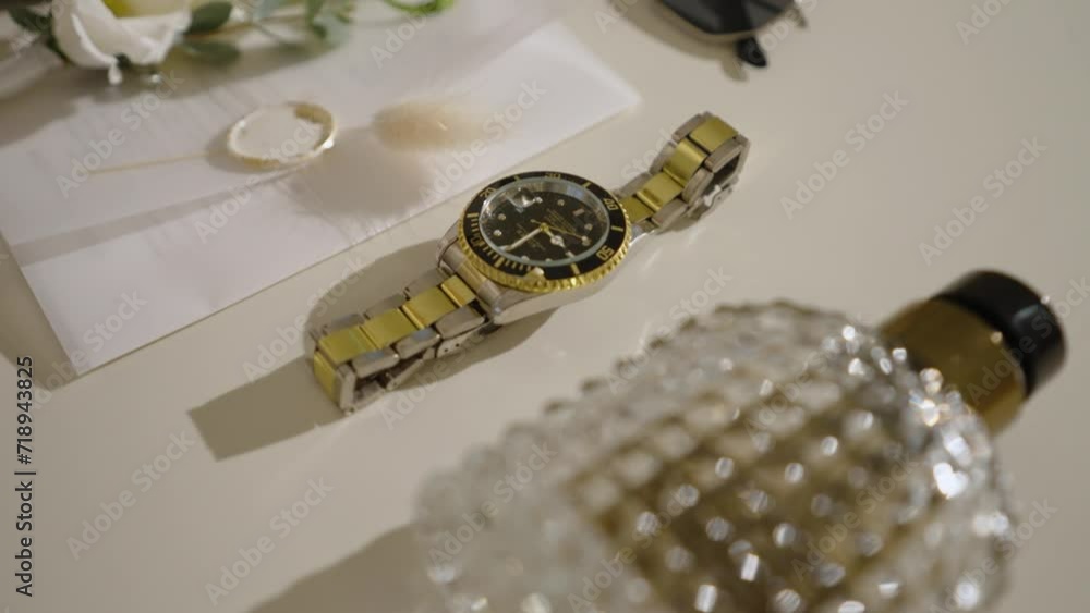 Luxury items on a cream surface: a wristwatch with a gold and silver band, a sparkling crystal perfume bottle, a white rose boutonniere, a feather pin, and black sunglasses; elements of sophisticated Luxury items on a cream surface: a wristwatch with a gold and silver band, a sparkling crystal perfume bottle, a white rose boutonniere, a feather pin, and black sunglasses; elements of sophisticated