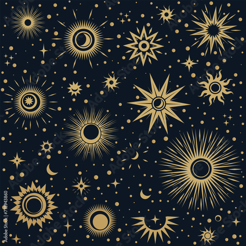 Vector magic seamless pattern with gold sun moon and stars