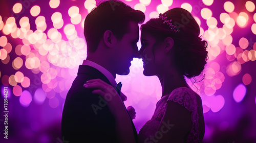 Romantic couple of newlyweds silhouettes posing at wedding reception surrounded by purple lights. generative ai