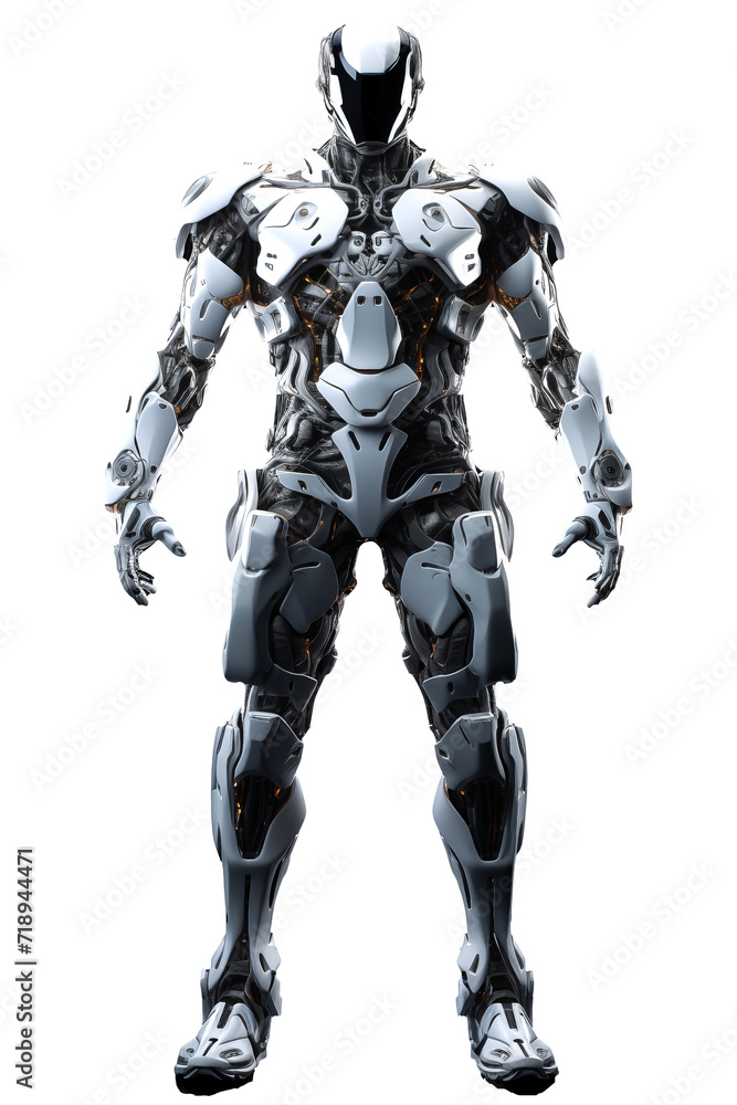 Full Body Exoskeleton Cyborg male face PNG isolated on white and transparent background - Sci-fi Robot in armor technology concept
