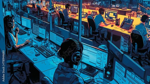 Busy Call Center with Headset-wearing Employees photo