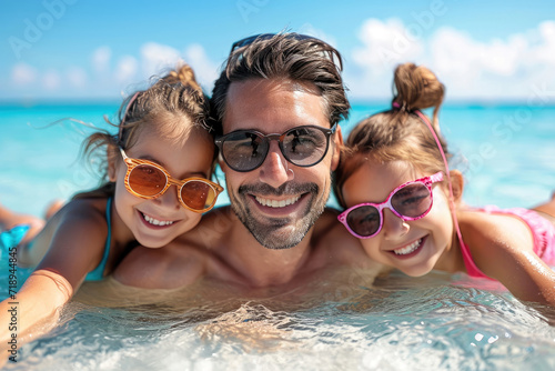 Selfie de familia con niños en sus vacaciones en la playa con un paisaje espectacular © julio
