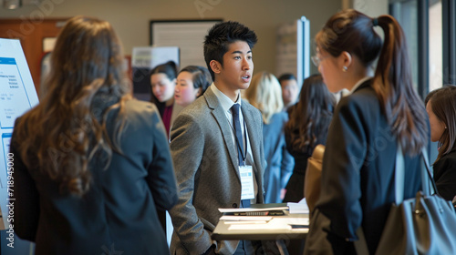 Photograph candidates engaging with interactive displays or participating in mock interviews and workshops, highlighting the hands-on aspects of the career fair
