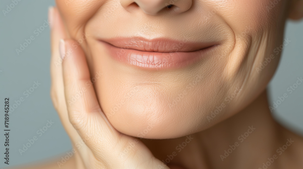 Close-up lips of mature white woman with age changes.