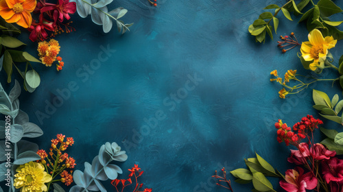 Flat lay top view multicolour flowers, isolated on a petrol blue background for Valentine's Day, International Women's Day, Mother's Day card or background, or a wedding invitation