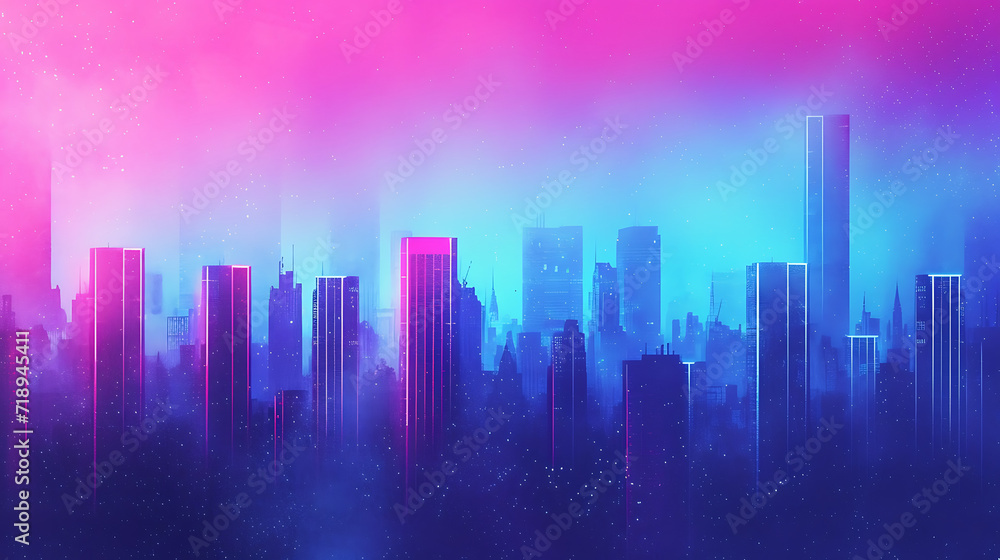 Retro neon city lights gradient in electric blue, magenta, and teal, paired with a grainy texture for a nostalgic urban poster.