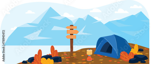Blue camping tent by mountain range, wooden signpost, campfire, outdoor adventure scene. Nature exploration, hiking, and camping vector illustration.