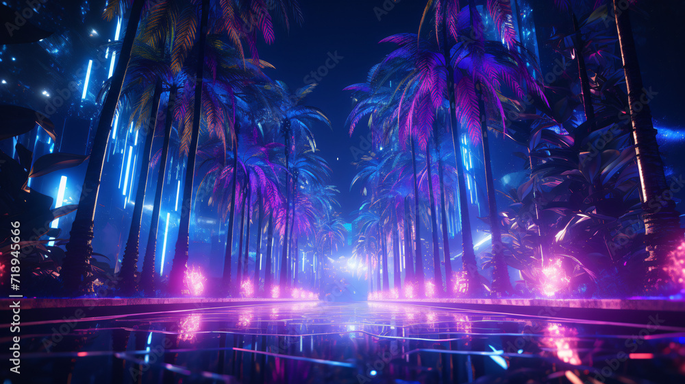 3d render party party three palm trees shiny cyberpunk