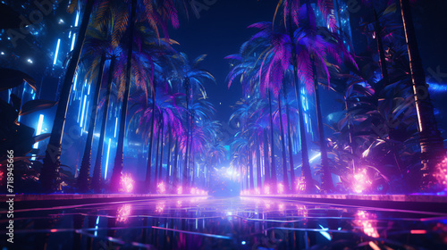 3d render party party three palm trees shiny cyberpunk