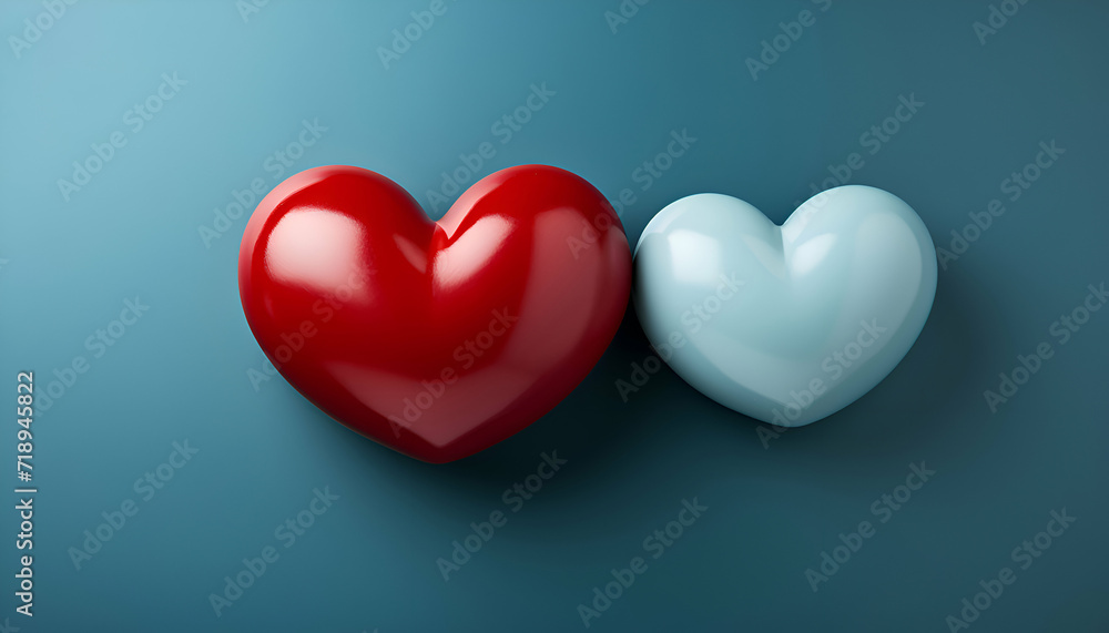 Two hearts on blue background. 3D illustration. Love concept.