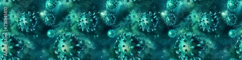 Turquoise corona virus, covid, flu outbreak background banner panorama long wallpaper illustration, microscopic view of influenza virus cells, lots of abstract 3d viruses texture, seamless pattern
